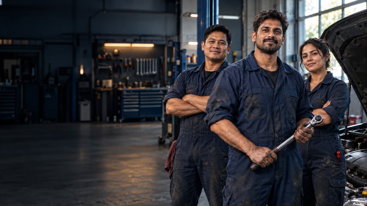 Three experienced mechanics in navy overalls standing proudly in a workshop